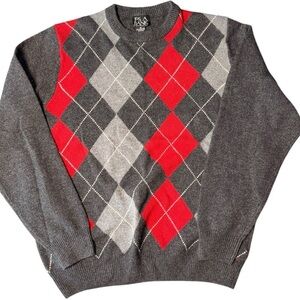 Jos A. Bank Crewneck Lambswool/Nylon Gray Red Argyle Sweater Mens Medium